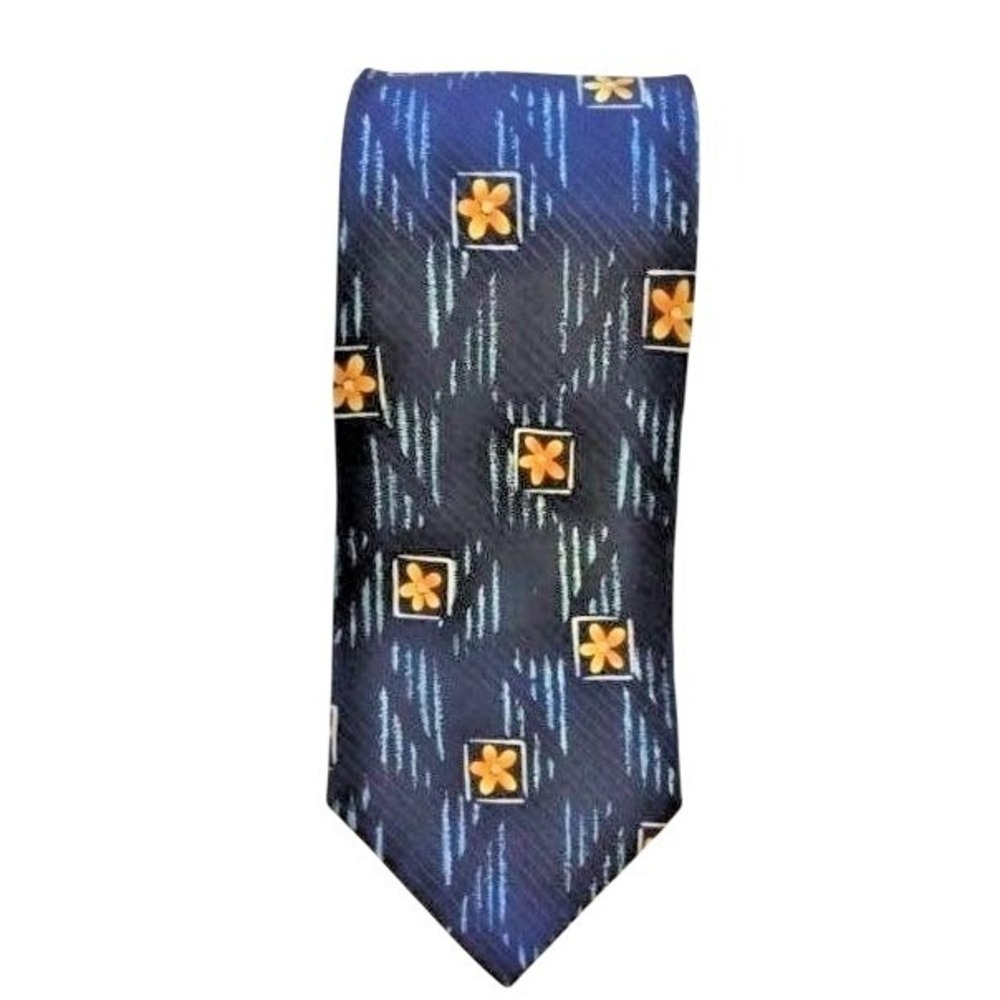 Mens Hugo Boss Silk Designer Floral blue & yellow Tie made in Italy geometric